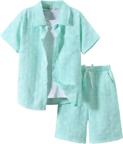 Boys Summer 2-Piece Outfit Size 6-13 Short-Sleeve Textured Button-Down Shirt & Solid Elastic-Waist Shorts Set in Kuwait