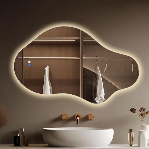 مرآة حمام LED غير منتظمة مع أضواء، مرآة زينة LED غير متناظرة مقاس 20 × 36 بوصة للجدار، مرآة ذكية بدون إطار مضادة للضباب، 3 ألوان وإضاءة خافتة، أفقية/عمودية in Kuwait