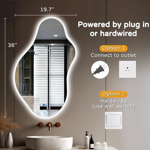 مرآة حمام LED غير منتظمة مع أضواء، مرآة زينة LED غير متناظرة مقاس 20 × 36 بوصة للجدار، مرآة ذكية بدون إطار مضادة للضباب، 3 ألوان وإضاءة خافتة، أفقية/عمودية in Kuwait
