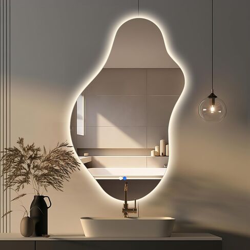 مرآة حمام LED غير منتظمة مع أضواء، مرآة زينة LED غير متناظرة مقاس 20 × 36 بوصة للجدار، مرآة ذكية بدون إطار مضادة للضباب، 3 ألوان وإضاءة خافتة، أفقية/عمودية in Kuwait