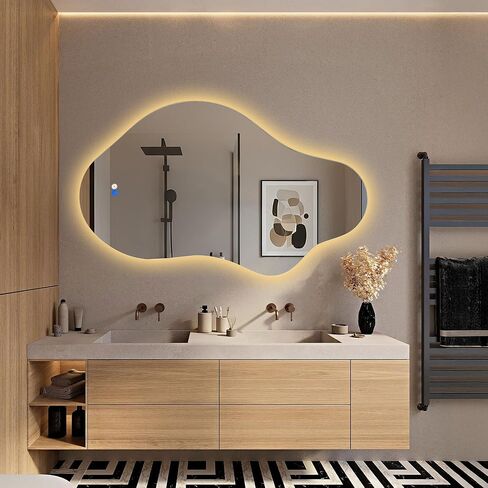 مرآة حمام LED غير منتظمة مع أضواء، مرآة زينة LED غير متناظرة مقاس 20 × 36 بوصة للجدار، مرآة ذكية بدون إطار مضادة للضباب، 3 ألوان وإضاءة خافتة، أفقية/عمودية in Kuwait