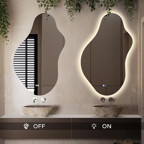 مرآة حمام LED غير منتظمة مع أضواء، مرآة زينة LED غير متناظرة مقاس 20 × 36 بوصة للجدار، مرآة ذكية بدون إطار مضادة للضباب، 3 ألوان وإضاءة خافتة، أفقية/عمودية in Kuwait