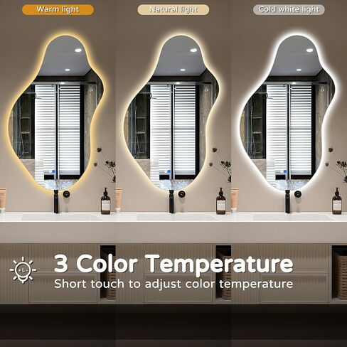 مرآة حمام LED غير منتظمة مع أضواء، مرآة زينة LED غير متناظرة مقاس 20 × 36 بوصة للجدار، مرآة ذكية بدون إطار مضادة للضباب، 3 ألوان وإضاءة خافتة، أفقية/عمودية in Kuwait