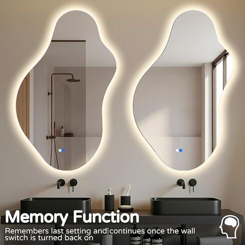 مرآة حمام LED غير منتظمة مع أضواء، مرآة زينة LED غير متناظرة مقاس 20 × 36 بوصة للجدار، مرآة ذكية بدون إطار مضادة للضباب، 3 ألوان وإضاءة خافتة، أفقية/عمودية in Kuwait
