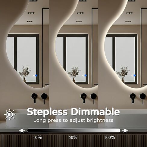 مرآة حمام LED غير منتظمة مع أضواء، مرآة زينة LED غير متناظرة مقاس 20 × 36 بوصة للجدار، مرآة ذكية بدون إطار مضادة للضباب، 3 ألوان وإضاءة خافتة، أفقية/عمودية in Kuwait