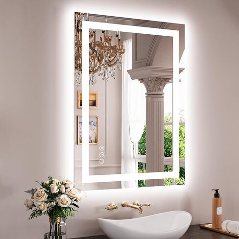 مرآة حمام LED مقاس 24 بوصة × 32 بوصة، إضاءة أمامية/خلفية، مضادة للضباب، وظيفة الذاكرة، مرآة زينة الحمام الذكية، زجاج مقسى in Kuwait