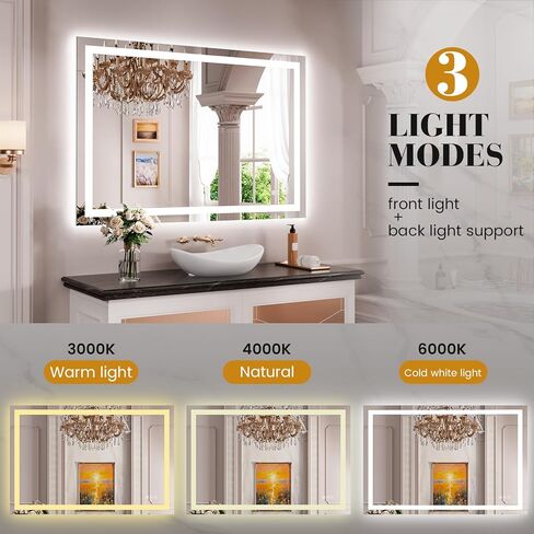 مرآة حمام LED مقاس 24 بوصة × 32 بوصة، إضاءة أمامية/خلفية، مضادة للضباب، وظيفة الذاكرة، مرآة زينة الحمام الذكية، زجاج مقسى in Kuwait