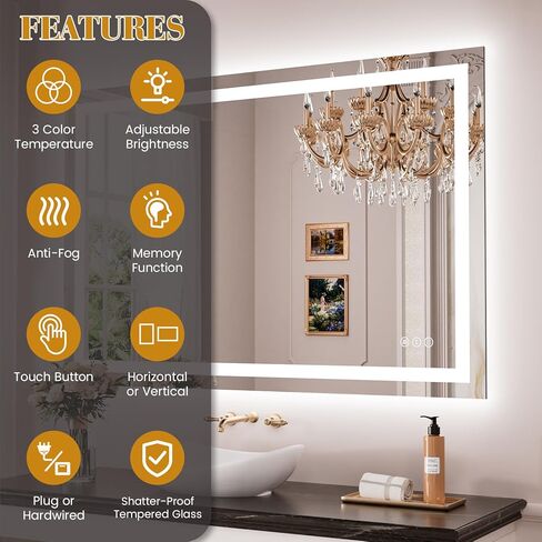 مرآة حمام LED مقاس 24 بوصة × 32 بوصة، إضاءة أمامية/خلفية، مضادة للضباب، وظيفة الذاكرة، مرآة زينة الحمام الذكية، زجاج مقسى in Kuwait