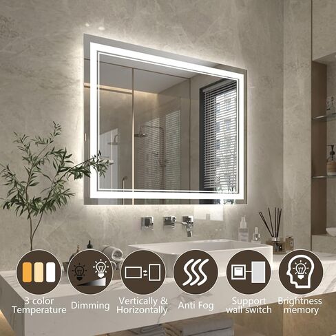 مرآة LED مقاس 40 × 32 بوصة من ExBrite للحمام، مرآة زينة بإضاءة أمامية وخلفية LED، مرآة حمام مضيئة مثبتة على الحائط مع أضواء، أضواء خافتة، 3 ألوان، مضادة للضباب، ذاكرة، مقاومة للكسر in Kuwait