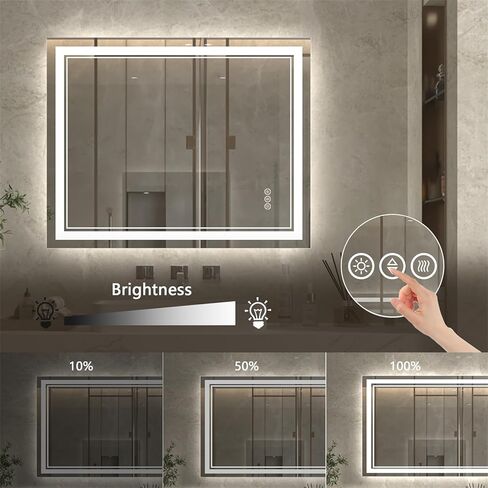 مرآة LED مقاس 40 × 32 بوصة من ExBrite للحمام، مرآة زينة بإضاءة أمامية وخلفية LED، مرآة حمام مضيئة مثبتة على الحائط مع أضواء، أضواء خافتة، 3 ألوان، مضادة للضباب، ذاكرة، مقاومة للكسر in Kuwait