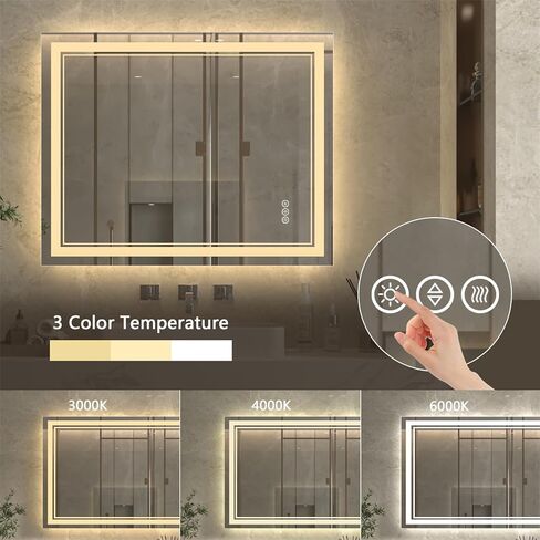 مرآة LED مقاس 40 × 32 بوصة من ExBrite للحمام، مرآة زينة بإضاءة أمامية وخلفية LED، مرآة حمام مضيئة مثبتة على الحائط مع أضواء، أضواء خافتة، 3 ألوان، مضادة للضباب، ذاكرة، مقاومة للكسر in Kuwait