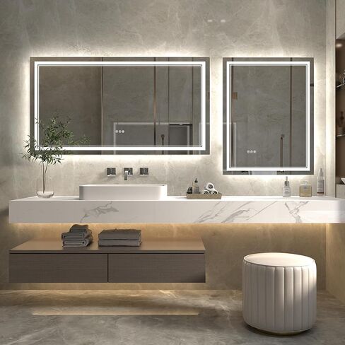 مرآة LED مقاس 40 × 32 بوصة من ExBrite للحمام، مرآة زينة بإضاءة أمامية وخلفية LED، مرآة حمام مضيئة مثبتة على الحائط مع أضواء، أضواء خافتة، 3 ألوان، مضادة للضباب، ذاكرة، مقاومة للكسر in Kuwait