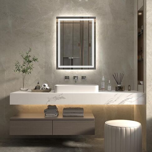 مرآة LED مقاس 40 × 32 بوصة من ExBrite للحمام، مرآة زينة بإضاءة أمامية وخلفية LED، مرآة حمام مضيئة مثبتة على الحائط مع أضواء، أضواء خافتة، 3 ألوان، مضادة للضباب، ذاكرة، مقاومة للكسر in Kuwait