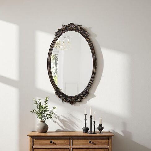 Antique Baroque Oval Mirror for Wall 30 X 18 Inch, Hanging Distressed Finish Black Wood Frame Vintage Mirrors for Bathroom Living Room Entryway Hallway Dining Room, Horizontal or Vertical in Saudi Arabia