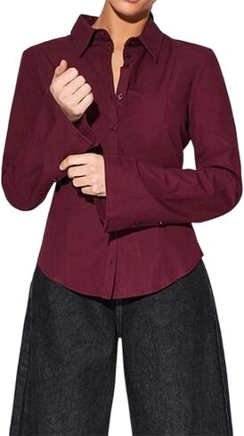 Women Basic Button Down Shirts Long Sleeve Lapel Collar Tight Blouse Summer Slim Fit Office Work Blouse Top in Kuwait