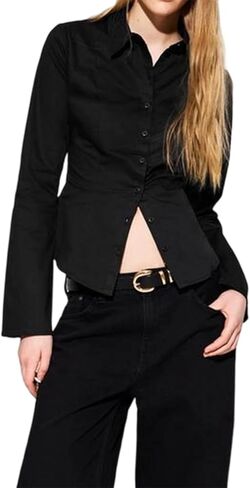 Women Basic Button Down Shirts Long Sleeve Lapel Collar Tight Blouse Summer Slim Fit Office Work Blouse Top in Saudi Arabia