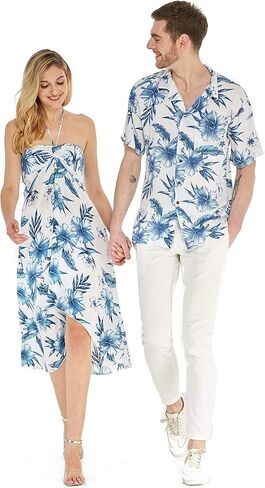 Matchable Couple Hawaiian Luau Shirt or Butterfly Dress in Day Dream Bloom in Saudi Arabia