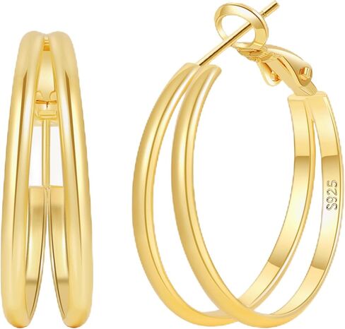 2mm Double Hoop Earrings for Women Lightweight Trendy Medium Larg Gold/Silver Hoops Hypoallergenic S925 Silver Post Earring Non Tarnish Earrings Gift For Women in Saudi Arabia