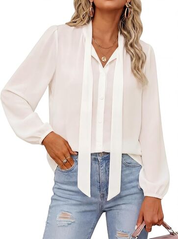 Womens Plus Button Down Shirts Chiffon Long Sleeve Tops for Women Bow Tie Neck Blouse Elegant Business Casual Outfits in Saudi Arabia