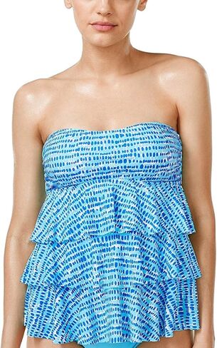 Island Escape Women's Printed Strapless Ruffled Tankini Top (Aqua, 8) in Saudi Arabia