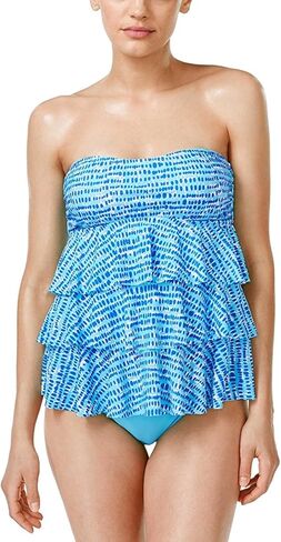 Island Escape Women's Printed Strapless Ruffled Tankini Top (Aqua, 8) in Saudi Arabia