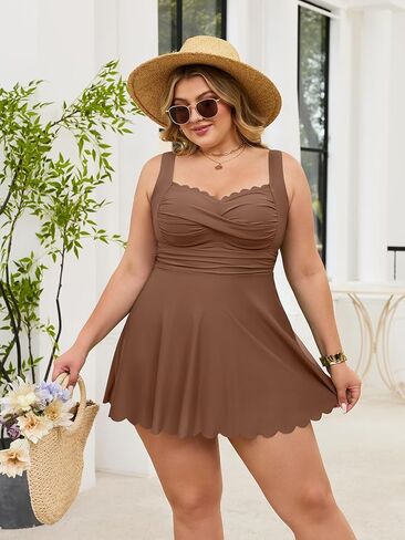 Eomenie Women's Plus Size Swim Dress One Piece Tummy Control Swimsuit Scalloped Wrap Bathing Suit Ruched Skirted Swimwear in Saudi Arabia