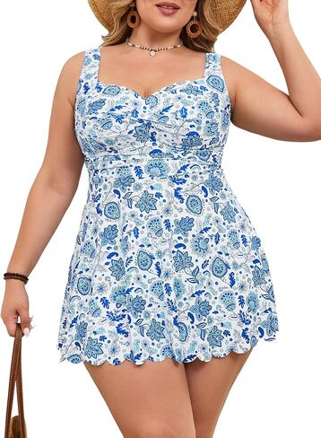 Eomenie Women's Plus Size Swim Dress One Piece Tummy Control Swimsuit Scalloped Wrap Bathing Suit Ruched Skirted Swimwear in Saudi Arabia