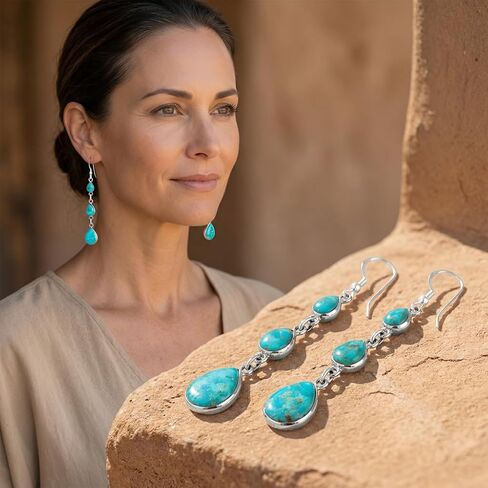 Turquoise Earrings 925 Sterling Silver 2" Long Dangles in Saudi Arabia