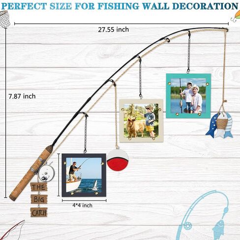 إطار صورة خشبي لعمود الصيد مع ثلاثة إطارات صور مقاس 4 × 4 بوصة، تصميم قضيب صيد حقيقي، هدايا صيد للرجال، ديكور معلق لصيد الأسماك للمقصورة، منزل البحيرة، غرفة الأولاد، عشاق الصيد، صياد السمك، عيد الفصح in Saudi Arabia