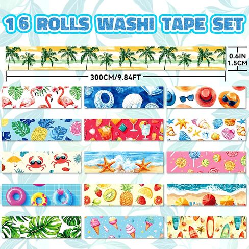 Summer Washi Tape Set - 16 Rolls Tropical Beach & Fruit Themed Decorative Tape for Journals, Scrapbooks (0.6" x 10 ft) - Ice Cream, Palm Trees, Seashells, Surfboards in Kuwait