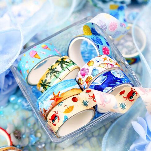 Summer Washi Tape Set - 16 Rolls Tropical Beach & Fruit Themed Decorative Tape for Journals, Scrapbooks (0.6" x 10 ft) - Ice Cream, Palm Trees, Seashells, Surfboards in Kuwait