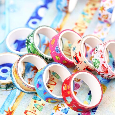 Summer Washi Tape Set - 16 Rolls Tropical Beach & Fruit Themed Decorative Tape for Journals, Scrapbooks (0.6" x 10 ft) - Ice Cream, Palm Trees, Seashells, Surfboards in Kuwait