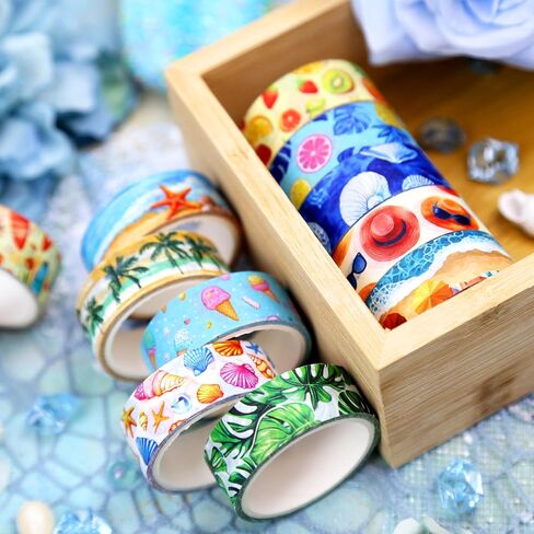 Summer Washi Tape Set - 16 Rolls Tropical Beach & Fruit Themed Decorative Tape for Journals, Scrapbooks (0.6" x 10 ft) - Ice Cream, Palm Trees, Seashells, Surfboards in Kuwait