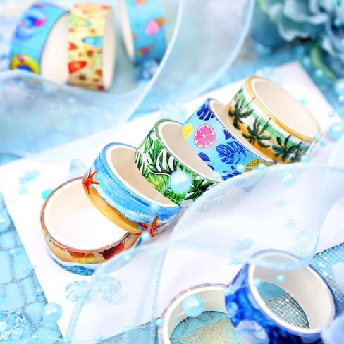 Summer Washi Tape Set - 16 Rolls Tropical Beach & Fruit Themed Decorative Tape for Journals, Scrapbooks (0.6" x 10 ft) - Ice Cream, Palm Trees, Seashells, Surfboards in Kuwait