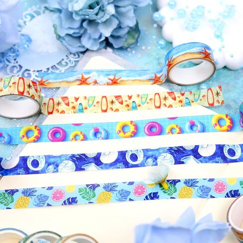 Summer Washi Tape Set - 16 Rolls Tropical Beach & Fruit Themed Decorative Tape for Journals, Scrapbooks (0.6" x 10 ft) - Ice Cream, Palm Trees, Seashells, Surfboards in Kuwait