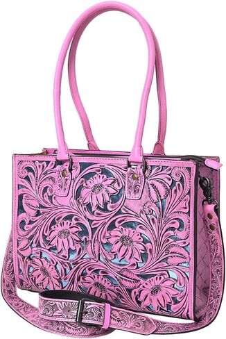 حقيبة يد أمريكية دارلينج ويسترن مصنوعة يدويًا من جلد أصلي وردي اللون مُصمم يدويًا | محفظة منحوتة بالأزهار مع جيوب أمامية مزدوجة بسحاب in Kuwait