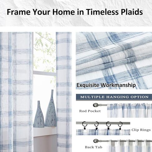 Randall Buffalo Plaid Semi Sheer Curtains for Living Room Linen-Look Geometric Light Filtering Dining Room Window Drape for Farmhouse Bedroom Study Room,Blue/White,54x84 inch Long,2 Panels in Kuwait