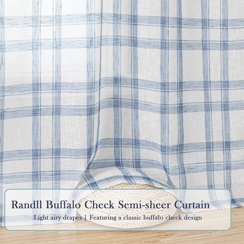 Randall Buffalo Plaid Semi Sheer Curtains for Living Room Linen-Look Geometric Light Filtering Dining Room Window Drape for Farmhouse Bedroom Study Room,Blue/White,54x84 inch Long,2 Panels in Kuwait