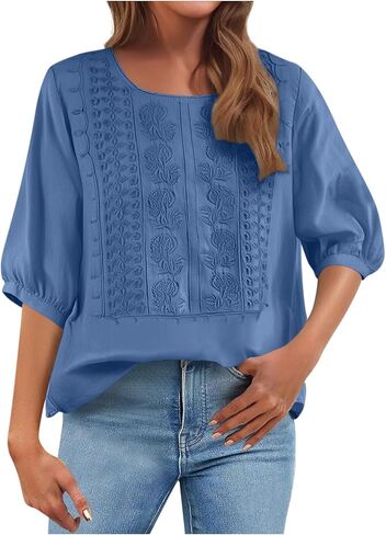 Oplxuo Cotton Linen Tops for Women Half Sleeve Gauze Shirts Embroidered Tops Loose Vacation Beach Solid Boho Floral Blouses in Kuwait