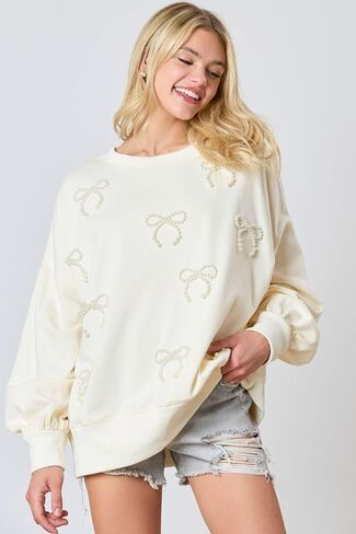 Women Cute Bow Sweatshirt Fall Crewneck Long Sleeve Top Casual Sequin Graphic Drop Shoulder Pullover Shirt in Saudi Arabia