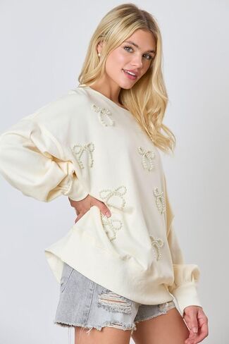 Women Cute Bow Sweatshirt Fall Crewneck Long Sleeve Top Casual Sequin Graphic Drop Shoulder Pullover Shirt in Saudi Arabia