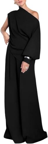 CHICME Womens Elegant 2 Piece Outfits One Shoulder Lantern Sleeve Side Slit Top and Flowy Wide Leg Pants Set in Kuwait