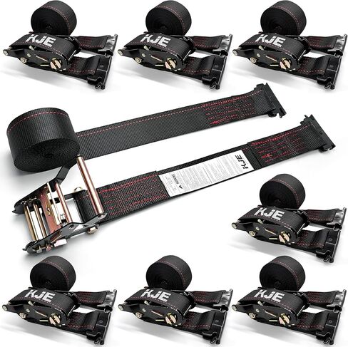 KJE E-Track Ratchet Straps, 8 Pack Black 2" x16' Heavy Duty Cargo Tie-Downs, 4500LBS Breaking Strength, Standard E Track Fitting Tie Down Ratcheting Strap for Cargo Vans, Trucks, Trailers in Kuwait
