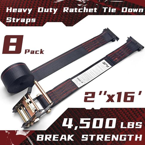 KJE E-Track Ratchet Straps, 8 Pack Black 2" x16' Heavy Duty Cargo Tie-Downs, 4500LBS Breaking Strength, Standard E Track Fitting Tie Down Ratcheting Strap for Cargo Vans, Trucks, Trailers in Kuwait