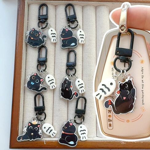 2Pcs Random Kawaii Black Cat Little Fish Keychain Cartoon Acrylic Keyring Key Holder Bag Pendant Friends Couple Gifts in Saudi Arabia
