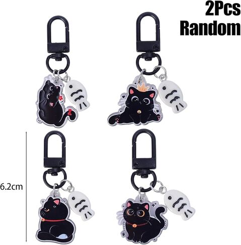 2Pcs Random Kawaii Black Cat Little Fish Keychain Cartoon Acrylic Keyring Key Holder Bag Pendant Friends Couple Gifts in Saudi Arabia