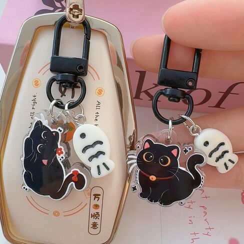 2Pcs Random Kawaii Black Cat Little Fish Keychain Cartoon Acrylic Keyring Key Holder Bag Pendant Friends Couple Gifts in Saudi Arabia