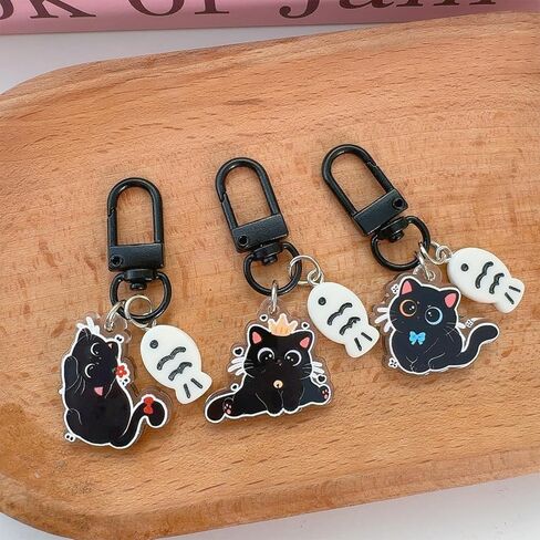 2Pcs Random Kawaii Black Cat Little Fish Keychain Cartoon Acrylic Keyring Key Holder Bag Pendant Friends Couple Gifts in Saudi Arabia
