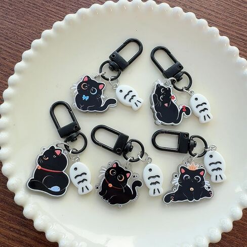 2Pcs Random Kawaii Black Cat Little Fish Keychain Cartoon Acrylic Keyring Key Holder Bag Pendant Friends Couple Gifts in Saudi Arabia