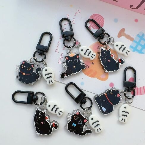 2Pcs Random Kawaii Black Cat Little Fish Keychain Cartoon Acrylic Keyring Key Holder Bag Pendant Friends Couple Gifts in Saudi Arabia